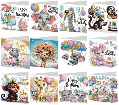 12 Pcs Diamond Painting Birthday Greeting Cards Kits for adults, 5D Handmade Diamond Art Birthday Card with Envelopes, DIY Greeting Cards Making Kits for friends Women Mom Grandma (Animal)