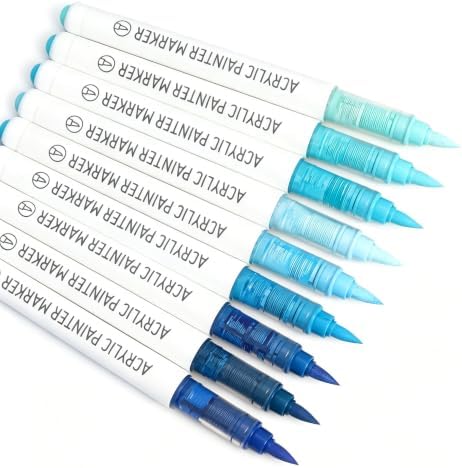 languo Acrylic Paint Markers, 9 Colors Blue Series, Soft Brush Tip
