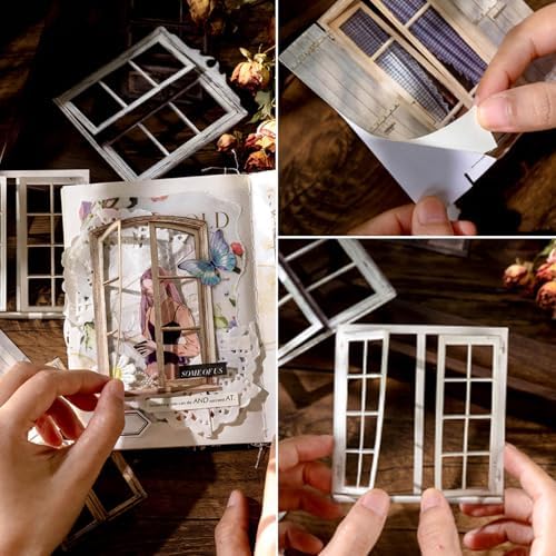 60PCS Vintage Hollowed Window Frame Stickers Cutout Texture Scrapbook Paper Decorative Sticker Retro Scrapbooking Materials Journaling Supplies for Junk Journal Planner Card Gift Wraps Craft