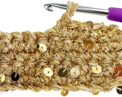 Hand-Blended Multifiber Multicolored Fancy Yarn with Golden Sequins for Knitting Crocheting Crafts DIY, Set of 3 Rolls (Gold)