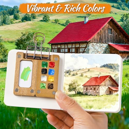 Mini Watercolor Paint set, Portable Watercolor Paint Travel Set, 12 Color Pocket Artist Watercolor Travel Kit with Picture Book, 8 Grids Portable Wooden Paint Palette for Painters, Artists, and Students
