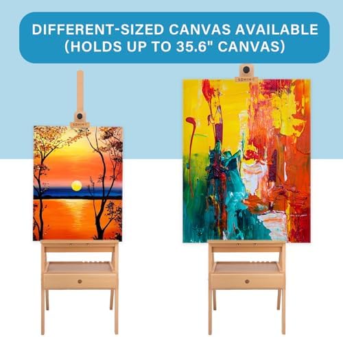 Large Beechwood H-Frame Studio Easel Stand with Storage Drawer, Natural | Height Adjustable to 35Inches High, Suitable for Painting, Sketching and Displaying