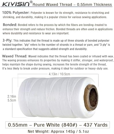 Sturdy Bonded Waxed Polyester Thread, 0.55mm, 437 Yards Wax String Cord - White for Leather, Hand Sewing, Beading, Stitching, Bookbinding, Bracelets and Macrame Jewelry Making