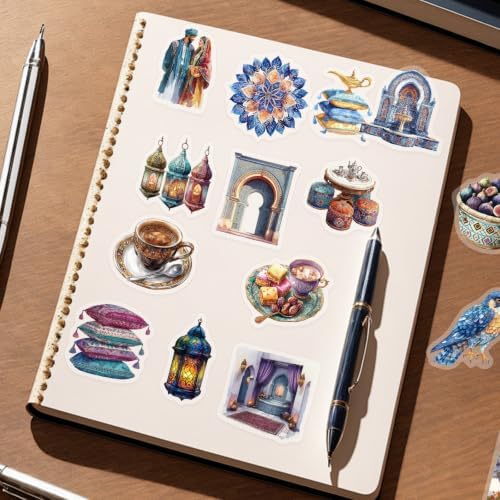 50PCS Arabian Middle Eastern Stickers for Scrapbooking, Clear Vintage Desert Islamic Mosaic Palace Camel Lantern Journal Stickers for Junk Journal Planner Crafts Watercolor Aesthetic Decor