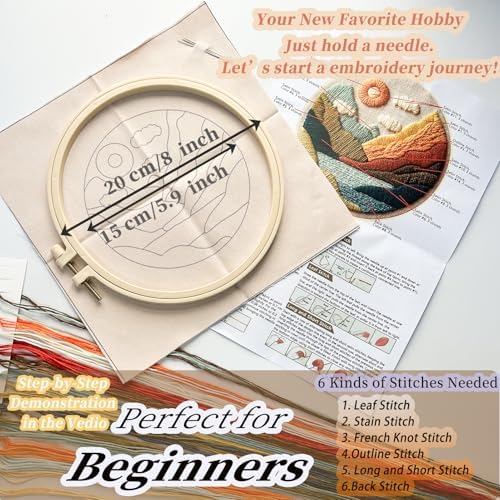 FONNUY Embroidery Kit for Beginners, Textured Vibrant Nature Landscape Pre-Stamped Pattern Kits for Adults with Hoop, Easy to Follow Color Thread Needlework, 8'' Hoop (Green 1)