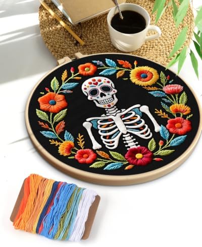 TINDTOP Embroidery Kit for Adult Beginners, Embroidery DIY Starter Kit, with Stamped Patterns, Hoop, Tools, Colorful Threads with Needles, Instructions (Skeleton A)
