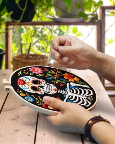 TINDTOP Embroidery Kit for Adult Beginners, Embroidery DIY Starter Kit, with Stamped Patterns, Hoop, Tools, Colorful Threads with Needles, Instructions (Skeleton C)