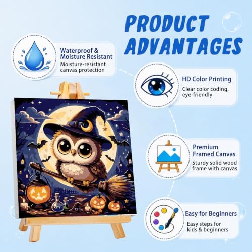 AUKELHJ Paint by Numbers Kit for Kids with Frame, Halloween Owl, 8X8 inch