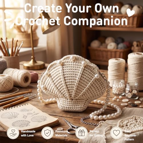 DIY Crochet Shell Purse Kit for Beginners – Handmade Yarn Bag Making Set with Two Pearl Chain Straps, 10mm Pearl Beads, Silver Hardware & Instructions – Easy Beginner Crochet Bag Craft Gift for Adults