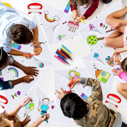 Libima 50 Pcs DIY Blank Kites for Kids Bulk Large Kite Making Kit Easy to Fly Set Party with Watercolor Pens and String Decorating Coloring Party Set for Craft Outdoor Games (Triangle)