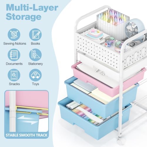 4 Drawer Rolling Storage Cart with Pegboard Top and Hooks, Pink&Blue