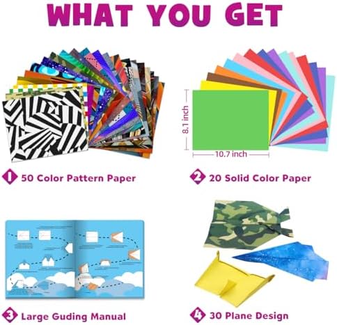 Pigipigi Kids 70 Airplane Origami Paper,Arts and Crafts for Kids Ages 5-12 | Beginners Origami Kit,Step-by-Step Guiding Book, DIY Craft Birthday Gift for Boys Girls ages 5-12