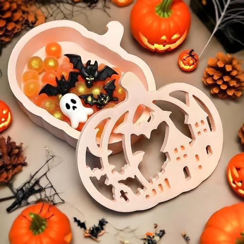 Halloween Pumpkin Lamp Molds Set – 3-Piece Resin and Plaster Molds for DIY Pumpkin Light Tabletop Decorations with Owl, Ghost, Bat, Haunted House Designs for Halloween Craft Projects
