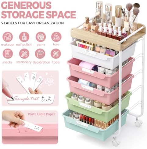 SYKIARIOL Rolling Storage Utility Cart with 5 Drawers,Colorful