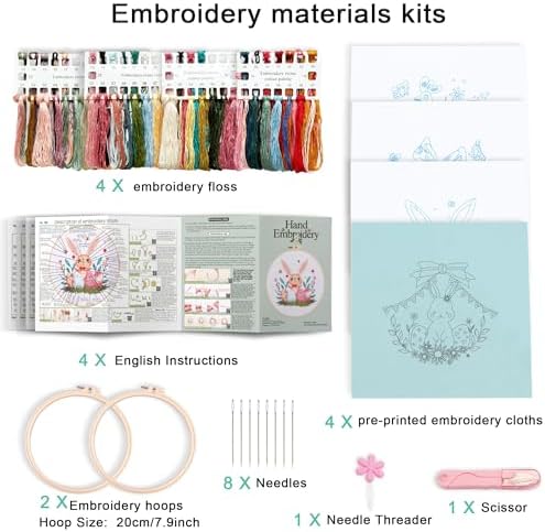 Harimau Adult Beginner Embroidery Starter Kit, Complete Set with 4 Patterns, 2 Hoops, Needles, Scissors, Instruction Guide & Stitching Video Tutorials