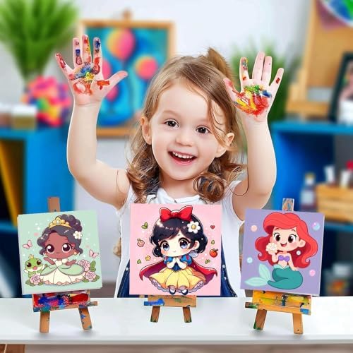 LWZAYS 4 Pack Cartoon Paint by Number for Kids with Wooden Frame-Paint by Numbers for Kids Ages 4-8-12, DIY Paints with Numbers Easy Acrylic Oil Painting Kits for Home Wall Decor (8X8inch) 2.0