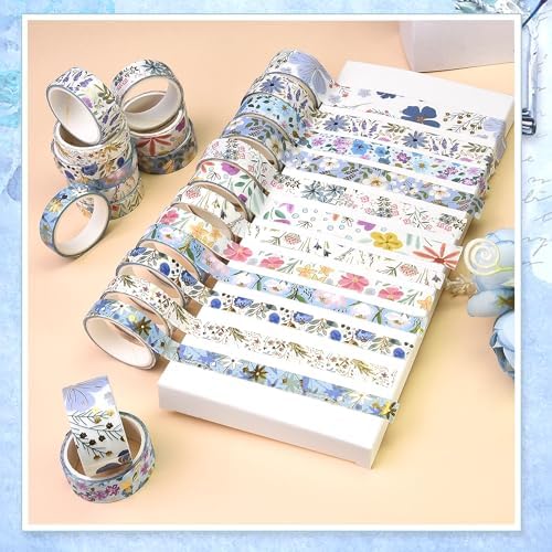 Washi Tape Set, Floral Washi Stickers, 12 Rolls Assorted Sizes, for Junk Journal Scrapbook Tape, Bullet Journaling Scrapbooking Supplies, Planner Sticker DIY Craft DéCor (Blue)