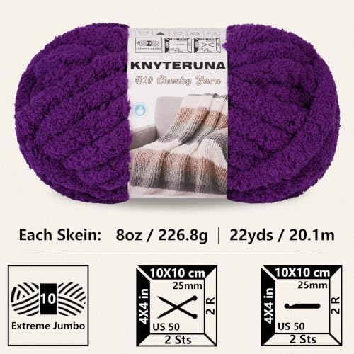 Chunky Yarn for Hand Knitting, #10 Chunky Blanket Chenille Yarn, Large Bulky Thick Jumbo Yarn, Super Chunky Knit Yarn for Crocheting, 8 Skein (8 oz 22 yds Each Skein), Dark Purple