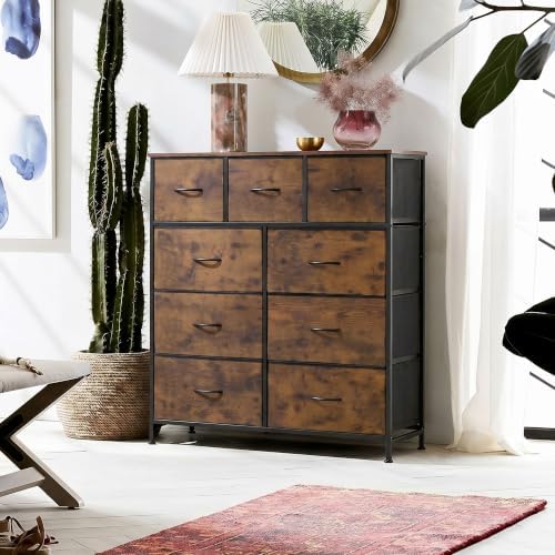 WLIVE Tall Dresser for Bedroom, 9 Drawer Chest of Drawers, Rustic Brown | 9 roomy fabric drawers, Tall storage design, Bedroom or closet use, Sturdy steel frame, Smooth wood tabletop
