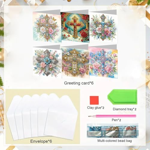 Diamond Art Cards with Envelopes–6PCS DIY Diamond Painting Greeting Cards Kit | Card Making Kit with Bling for Adults & Beginners | Birthday,Holiday & Thank You Cards (Flower and Cross)