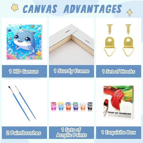 XTCIXAL Paint by Numbers Kit for Kids with Frame, Dolphin, 8X8 inch