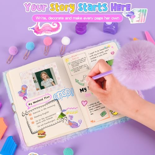 Cherry Tale DIY Journal Kit for Girls, 300+ PCS Scrapbook Kit for Girls Ages 6-14, Fluffy Mermaid Lockable Diary with Keys, Stickers and Markers, 6 7 8 9 10 11 12 13 14 Year Old Girl Birthday Gift