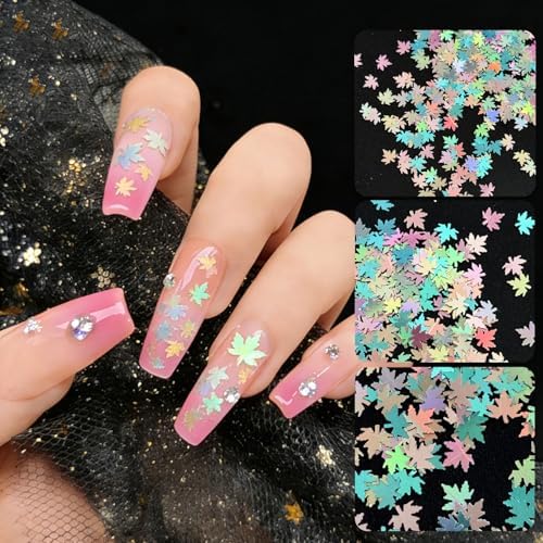 Multicolor Glitter Maple Leaves Sequins Accessories for DIY Journal, Shiny PVC Maple Leaves Confetti for Party Decorations, Mini Leaf Sequins Accessories for Drawing Notebooks.Silver Light Pink Blue