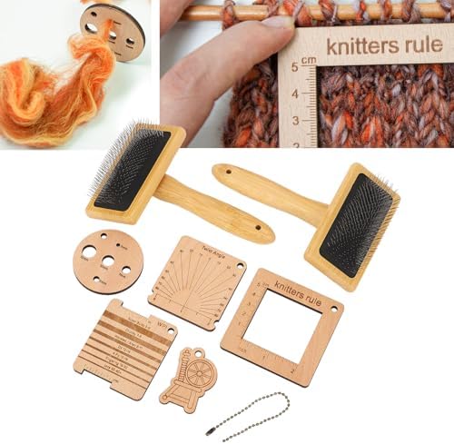 8PCS Wooden Knitting Gauge Wool Brush Set, Felting Blending Tools, Craft Project Kit, Wool Carders with Drop Spindle, Hand Carders Slicker Brush for Weaving Blending Roving