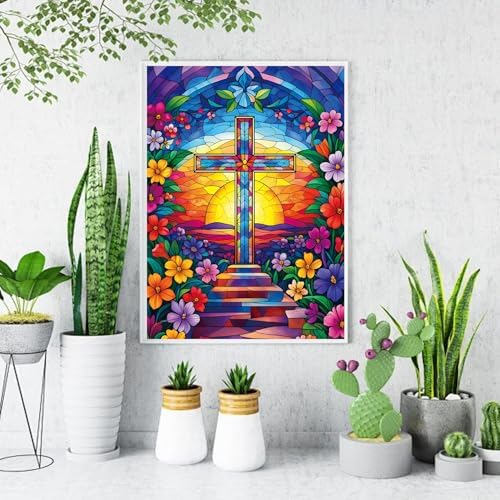 VeGuude Religious Cross Diamond Art Kits for Adults, Full Drill Flower Diamond Painting Kits for Beginners, DIY Full Rhinestone 5D Diamond dots (Gemstone Craft), Home Wall Decoration (12x16 inch)
