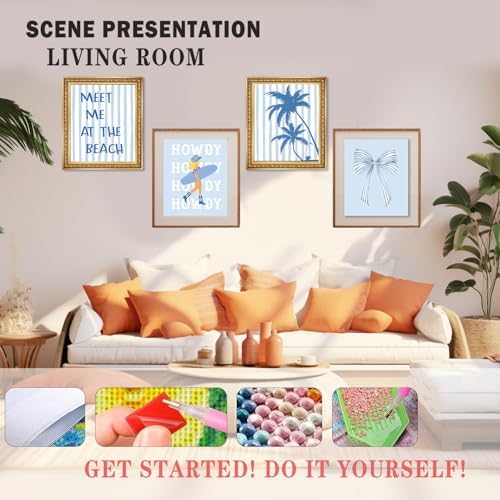 XUNLURY Blue Preppy Beach Diamond Art Kits 4 Pcs, Western Coastal Cowgirl Bow Diamond Painting Kits for Adults Girls Beginners, Full Drill Diamonds Dots for Home Decor, 9.8x11.8 Inch