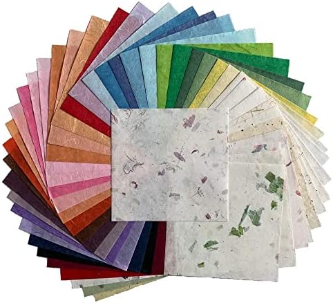 Natural Fiber Mulberry Paper Sheets 6 x 6 Inches, 50 PCS Handmade Craft Paper for Origami, Scrapbooking, Card Making, DIY Decoration, Mixed Media Art(Mixed Colors Rice Straw etc.,, 6 x 6)