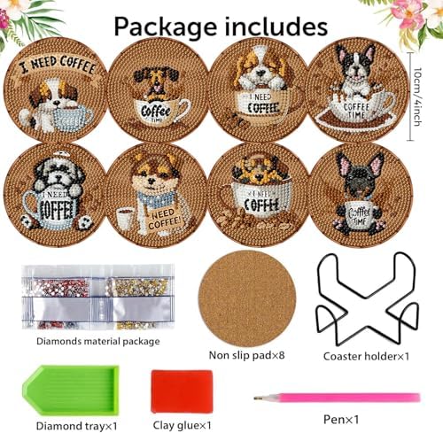 8 Pack Diamond Art Coasters,Coffee Dog Diamond Painting Coasters Kits