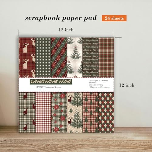 Christmas Decorative Scrapbook Paper Pad - 12x 12in 24 Sheets Patterns Designed Decoupage Supplies for Journaling Folded Cardstock Making Origami DIY Crafts Gift Wrapping Material