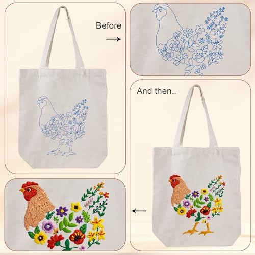 Louise Maelys Embroidery Kit, Canvas Tote Bag with Floral Hen Art Pattern