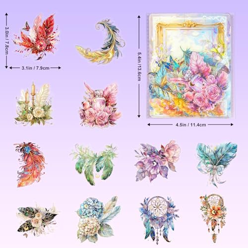 Ychsring Sparkly Fantasy Feather Stickers - 30 Pcs Clear PET Glitter Magic Floral Stickers for Scrapbook, Journal, Junk Journal, Collage - Holographic Transparent for Resin, Craft, Scrapbook Supplies