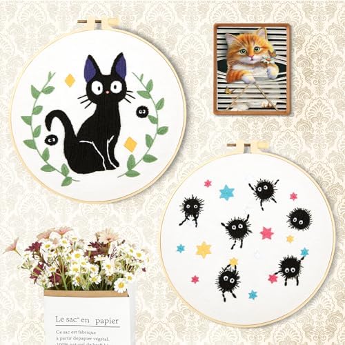 Cat Embroidery Starter Kit for Beginners Adults, Animal Stamped Cross Stitch Kit for Adult Beginner, Hand Embroidery Needlepoint Kits, 2 Set Embroidery Supply, 2 Hoops (Attached Video Tutorial)
