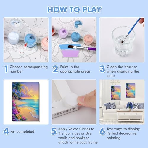 Bowetile Framed Paint by Numbers Sea for Adults Beginners, Adults' Paint-by-Number Landscape Kits, Easy Adult Paint by Number Kits on Canvas, Acrylic Number Painting for Home Decor, 8x12in