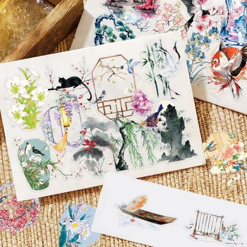 50Pcs Chinese Style Vintage Stickers – Waterproof Pet Floral