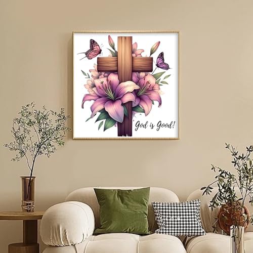 Camocin Framed Paint by Numbers Kit for Adults Beginner - Religious Cross and Lily Paint by Number Canvas with Frame, Faith DIY Acrylic Painting Kit for Christian Home Wall Decor 12x12 Inch