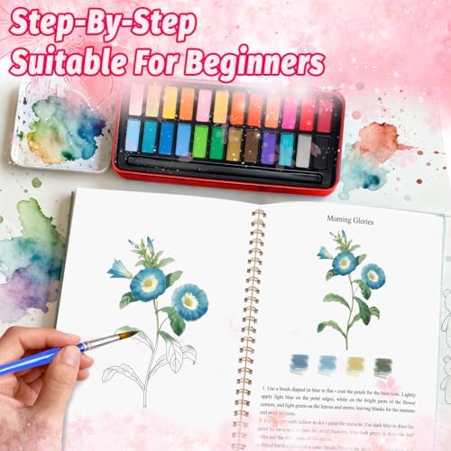 Watercolor Workbook - Coloring Book Beginner Friendly Painting Kit, Watercolor Workbooks for Adults with 24 Colors Paint, Exploration Gift for Adults Teens (Flowers)
