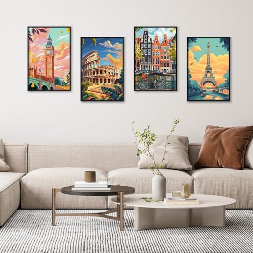 Camocin 4 Pack Framed Paint by Numbers Kit for Adults with Wooden Easel | Paris London Rome European Cityscape Artwork, DIY Canvas Painting Set, Home Wall Decor, Beginner Friendly, 8x12 Inch