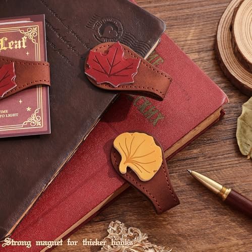 2PCS Vintage Magnetic Leather Bookmark, Leather Magnetic Bookmarks for Women, Magnetic PU Bookmarks Clip Book Accessories, Ginkgo & Maple Leaf