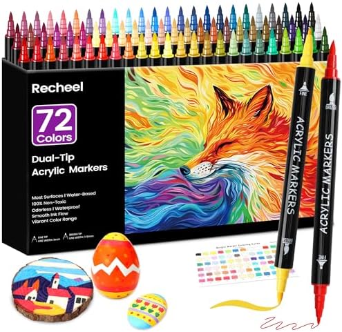 Recheel Acrylic Paint Markers, 72 Colors Dual Tip Fine & Brush Pens for Art | For Rock, Wood, Canvas, Glass, Ceramic & More, Perfect for Multi-Surface DIY Crafts and Creative Art Projects