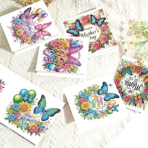 Tontut 6pcs 5D Diamond Art Painting Greeting Card Kit, Butterfly Flower Adult DIY with Envelope, Special Shape Diamond Design Greeting Card Creative Birthday Holiday Gift