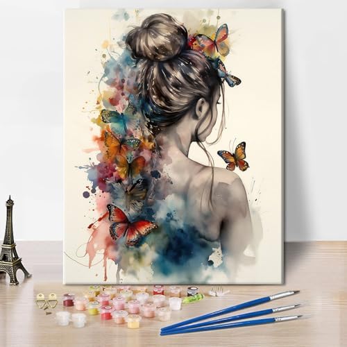 TUMOVO Acrylic Paint by Numbers Kit for Adults Woman with Butterflies