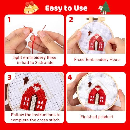 Pllieay 8PCS Christmas Cross Stitch Kit for Kids, Includes 8Pcs Christmas Patterns, 2Pcs Hoops and 14 Color Skeins, Fun & Easy Cross Stitch Kits for Beginners, Perfect for Crafts and Christmas Decor