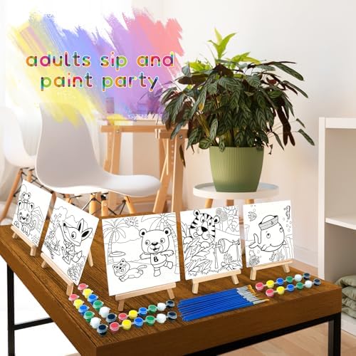 SytuHete 48PCS 12 Sets Printed Canvas Paint Art 12 Pcs Wooden Easel Set Paint Pots and Brushes and 12 Pre Drawn Canvas Panel 12 Pcs Mini Apron and Tote Bag for Kids(Classic)