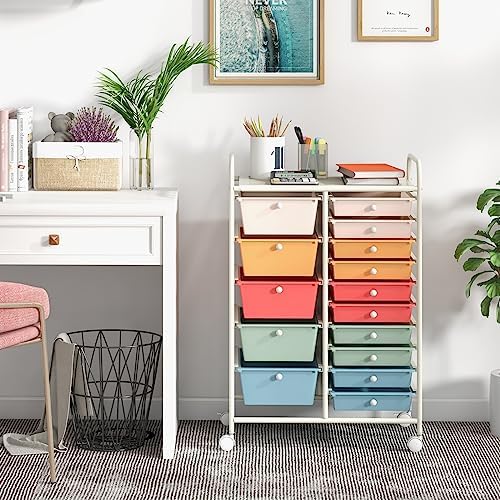 Giantex 15 Drawers Rolling Cart, Classroom Organizers, Storage Cart with Wheels, for Teacher Office Home School Supplies Tool Craft Art Paper