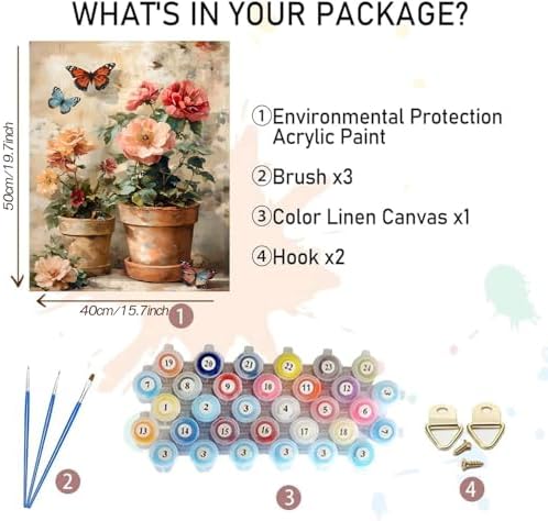 MBNTJHT DIY Flowers Paint by Numbers Kit for Adults,Unframed Potted Flowers Paint by Number Kits for Beginners,Acrylic Watercolor Painting Crafts Kit for Home Decor 16X20 Inch.