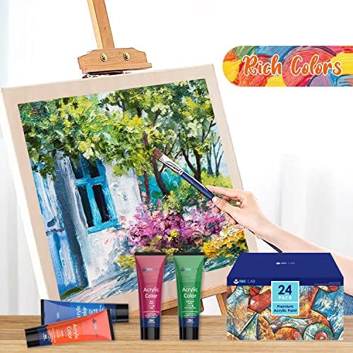 Acrylic Paint Set 24 Colors Craft Paints in Tubes with 10 Art Brushes Rich Pigment for Artists Beginners Painting on Canvas Wood Fabric Crafts, 36ml/Tube